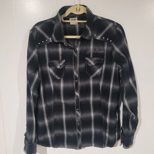 Women's Harley-Davidson Black Plaid Button-Up Shirt With Silver Embelishments.